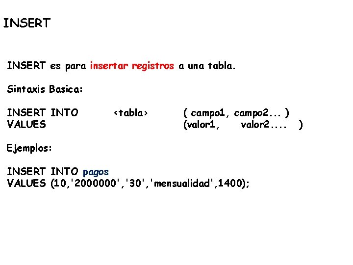 INSERT es para insertar registros a una tabla. Sintaxis Basica: INSERT INTO VALUES <tabla>