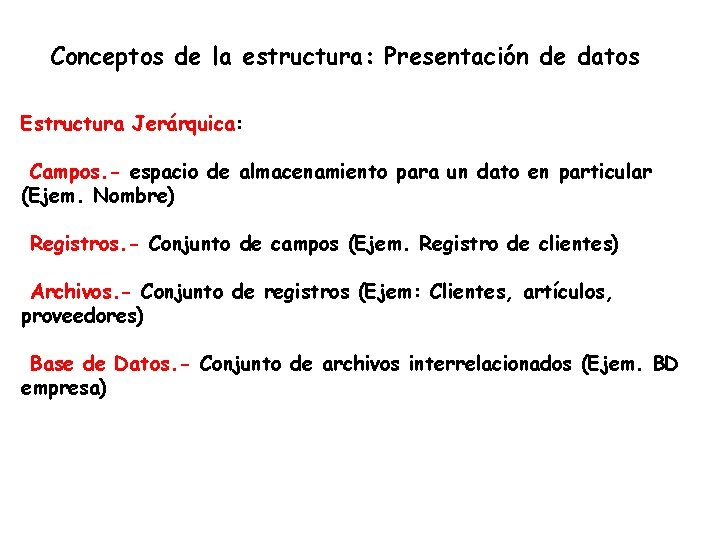 Conceptos de la estructura: Presentación de datos Estructura Jerárquica: Campos. - espacio de almacenamiento