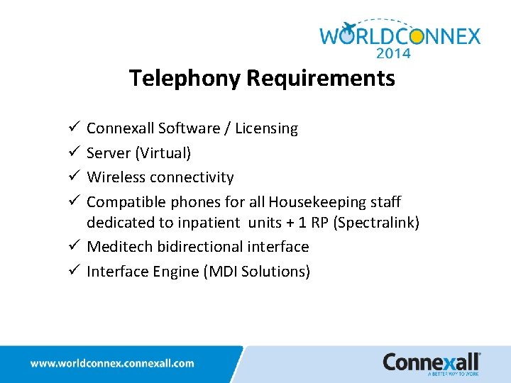 Telephony Requirements Connexall Software / Licensing Server (Virtual) Wireless connectivity Compatible phones for all