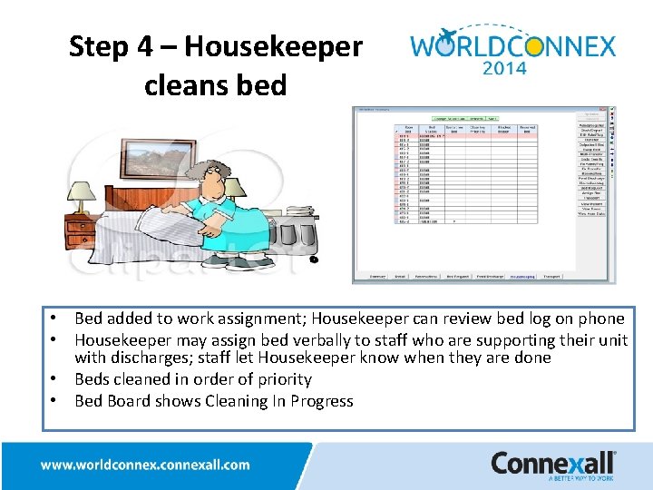 Step 4 – Housekeeper cleans bed • Bed added to work assignment; Housekeeper can