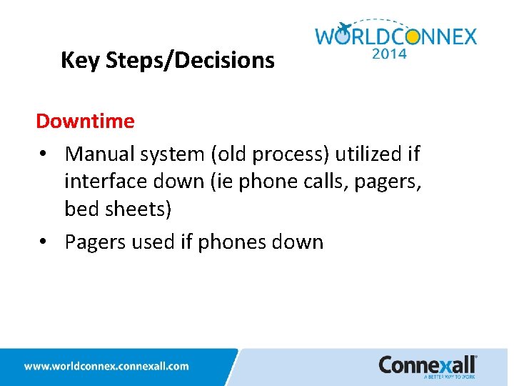 Key Steps/Decisions Downtime • Manual system (old process) utilized if interface down (ie phone