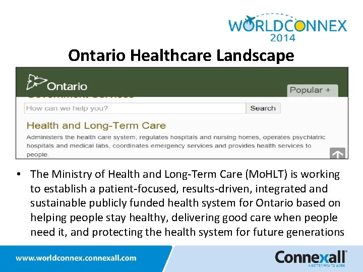 Ontario Healthcare Landscape • The Ministry of Health and Long-Term Care (Mo. HLT) is