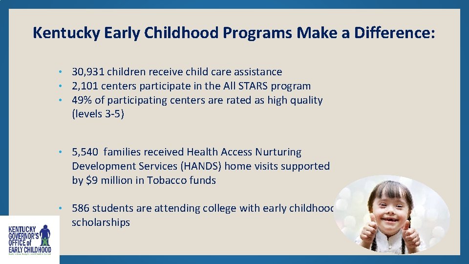 Kentucky Early Childhood Programs Make a Difference: • • • 30, 931 children receive