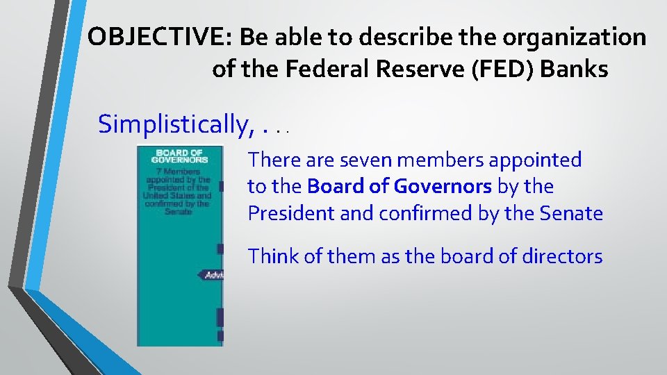 OBJECTIVE: Be able to describe the organization of the Federal Reserve (FED) Banks Simplistically,