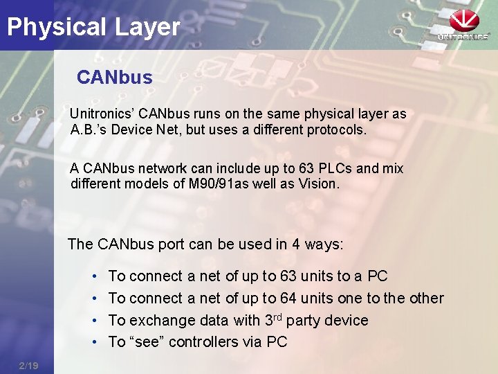 Physical Layer CANbus Unitronics’ CANbus runs on the same physical layer as A. B.