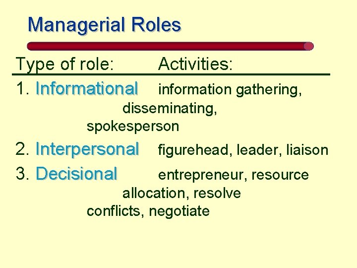Managerial Roles Type of role: 1. Informational Activities: 2. Interpersonal 3. Decisional figurehead, leader,