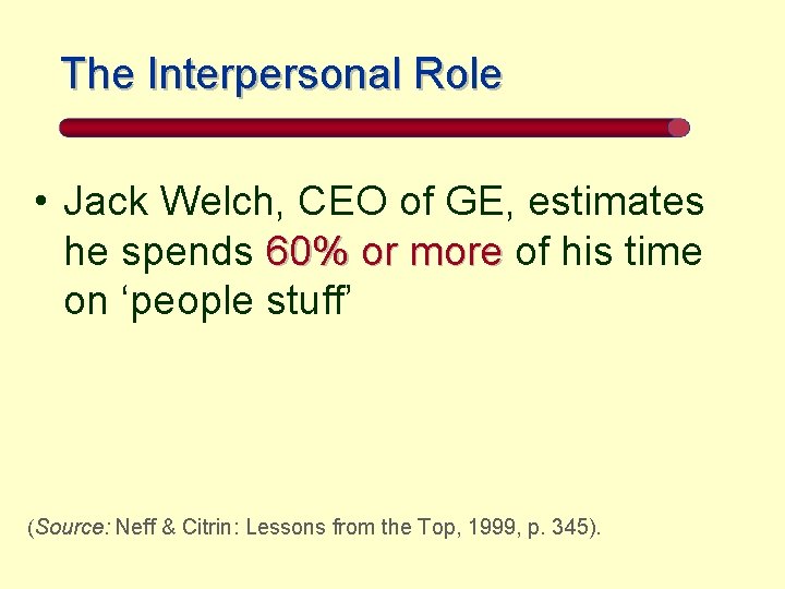 The Interpersonal Role • Jack Welch, CEO of GE, estimates he spends 60% or