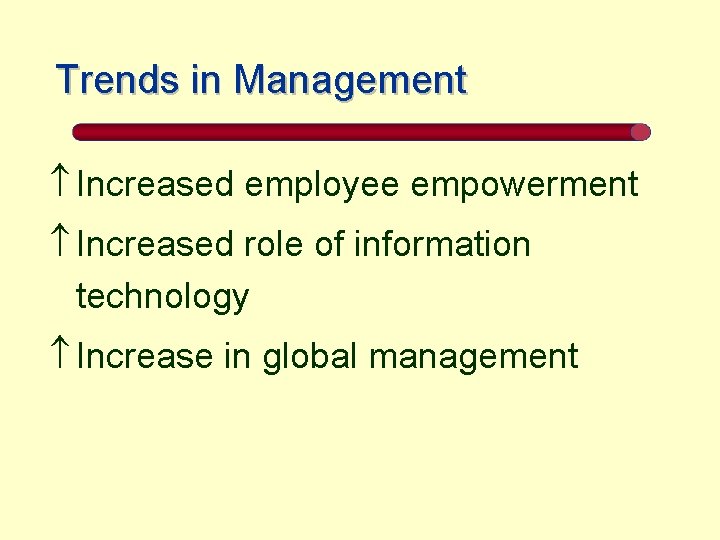 Trends in Management Increased employee empowerment Increased role of information technology Increase in global
