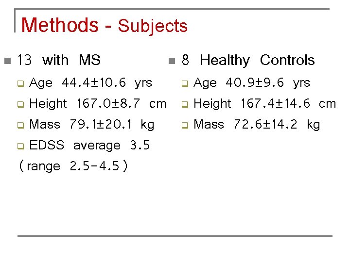 Methods - Subjects n 13 with MS Age 44. 4± 10. 6 yrs q