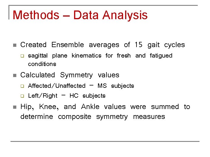 Methods – Data Analysis n Created Ensemble averages of 15 gait cycles q n