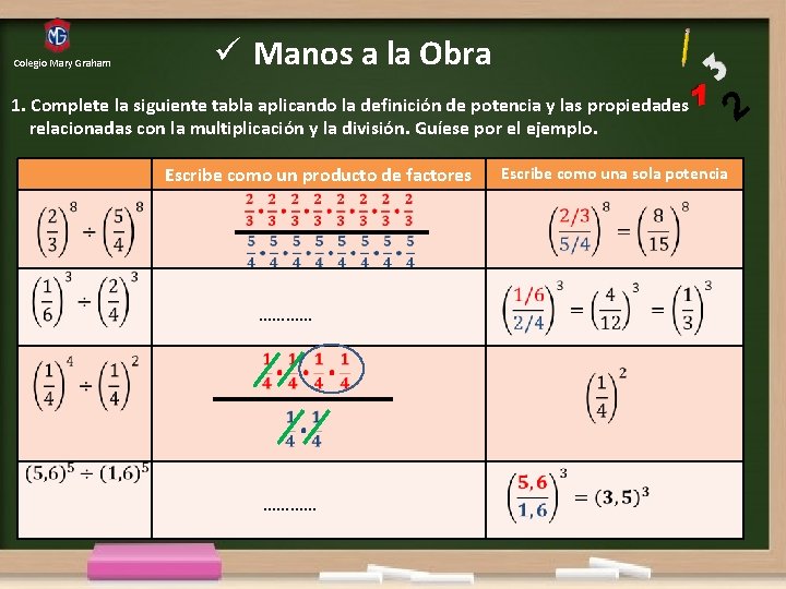 Colegio Mary Graham ü Manos a la Obra 1. Complete la siguiente tabla aplicando