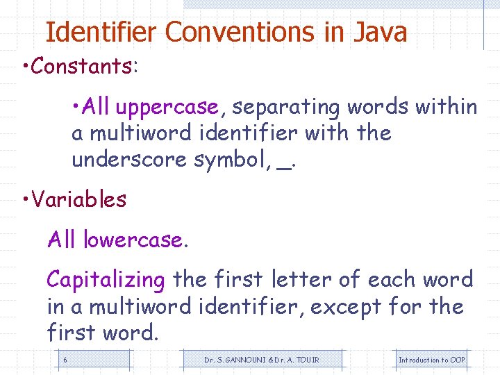 Identifier Conventions in Java • Constants: • All uppercase, separating words within a multiword Identifier Conventions in Java • Constants: • All uppercase, separating words within a multiword