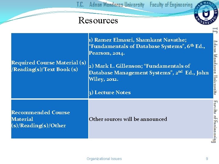 Resources 1) Ramez Elmasri, Shamkant Navathe; “Fundamentals of Database Systems”, 6 th Ed. ,