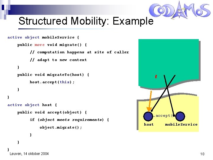 Structured Mobility: Example active object mobile. Service { public move void migrate() { //