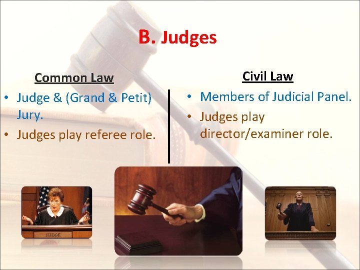 B. Judges Common Law • Judge & (Grand & Petit) Jury. • Judges play