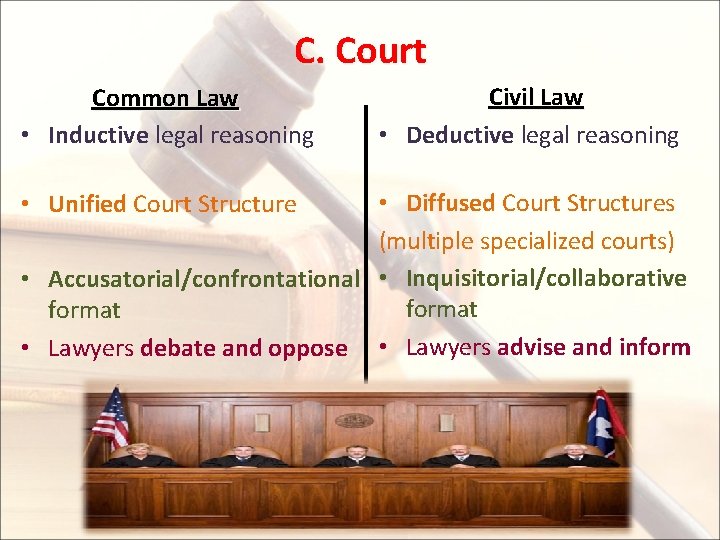 C. Court Common Law • Inductive legal reasoning Civil Law • Deductive legal reasoning