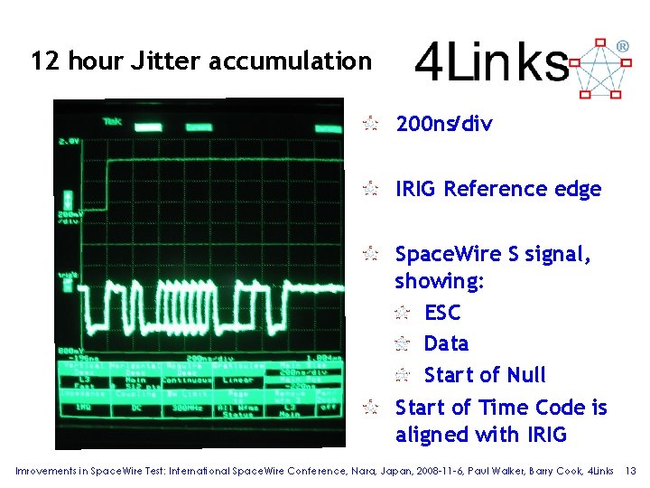 12 hour Jitter accumulation 200 ns/div IRIG Reference edge Space. Wire S signal, showing: 12 hour Jitter accumulation 200 ns/div IRIG Reference edge Space. Wire S signal, showing: