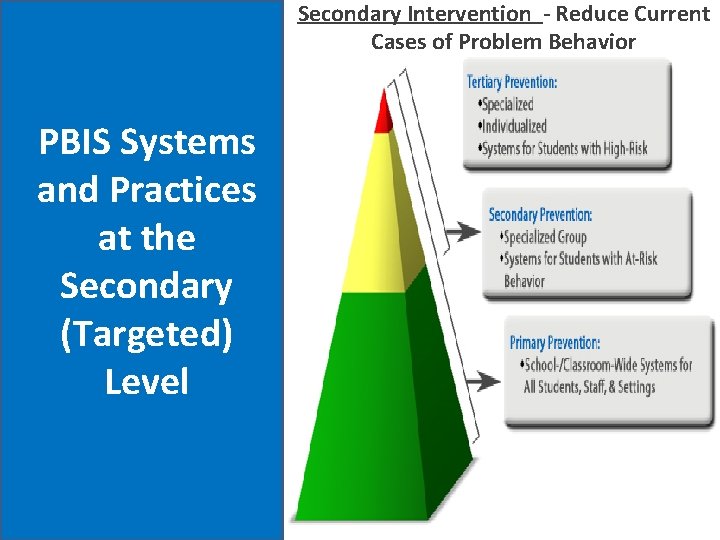 Secondary Intervention - Reduce Current Cases of Problem Behavior PBIS Systems and Practices at