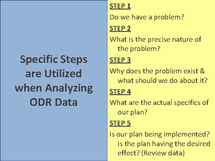 Specific Steps are Utilized when Analyzing ODR Data STEP 1 Do we have a