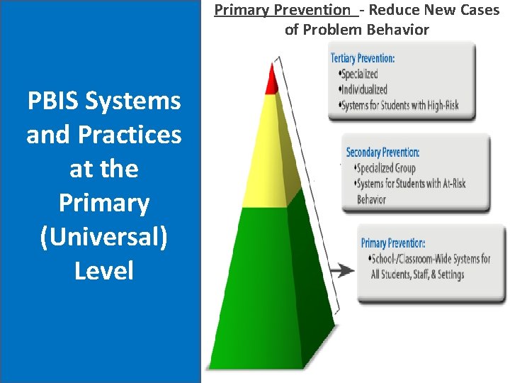 Primary Prevention - Reduce New Cases of Problem Behavior PBIS Systems and Practices at