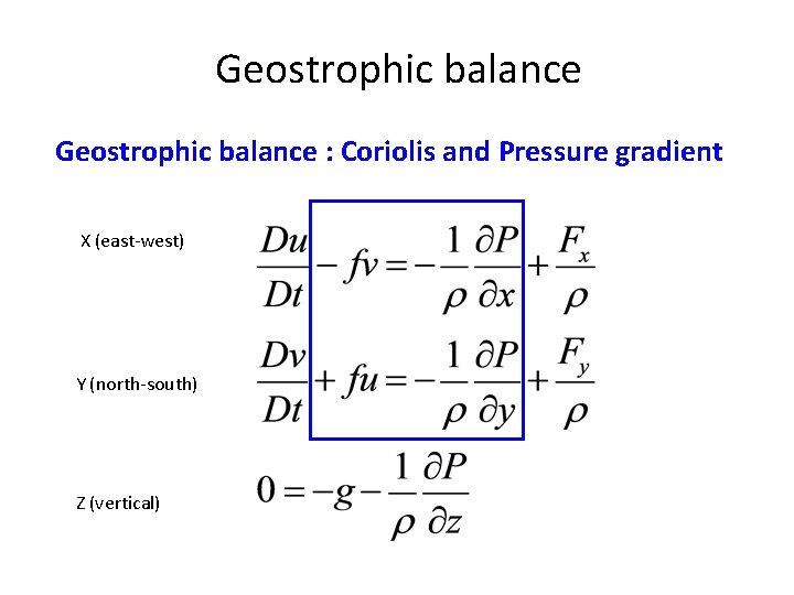 Geostrophic balance : Coriolis and Pressure gradient X (east-west) Y (north-south) Z (vertical) 