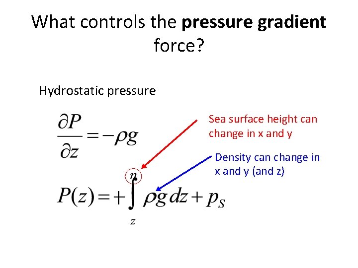 What controls the pressure gradient force? Hydrostatic pressure Sea surface height can change in