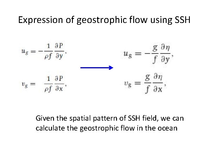 Expression of geostrophic flow using SSH Given the spatial pattern of SSH field, we