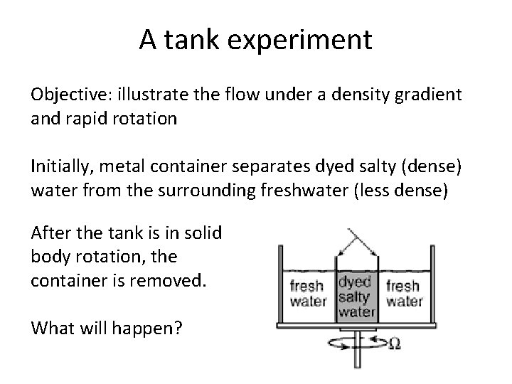 A tank experiment Objective: illustrate the flow under a density gradient and rapid rotation