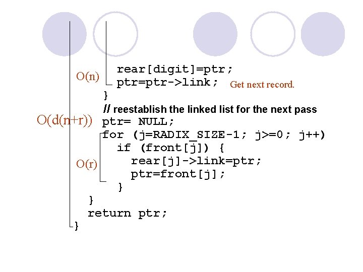 O(n) rear[digit]=ptr; ptr=ptr->link; Get next record. } // reestablish the linked list for the