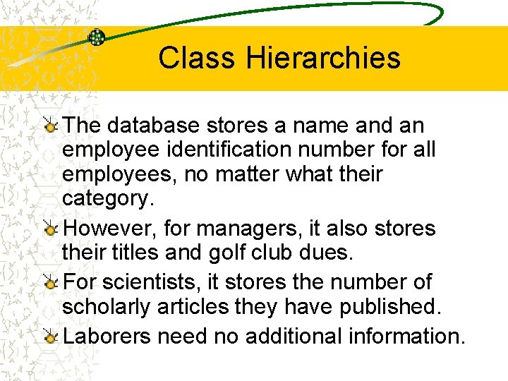 Class Hierarchies The database stores a name and an employee identification number for all