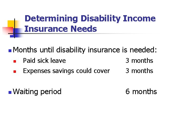 Determining Disability Income Insurance Needs n n Months until disability insurance is needed: n