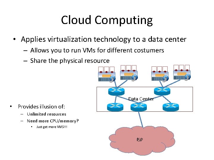 Cloud Computing • Applies virtualization technology to a data center – Allows you to