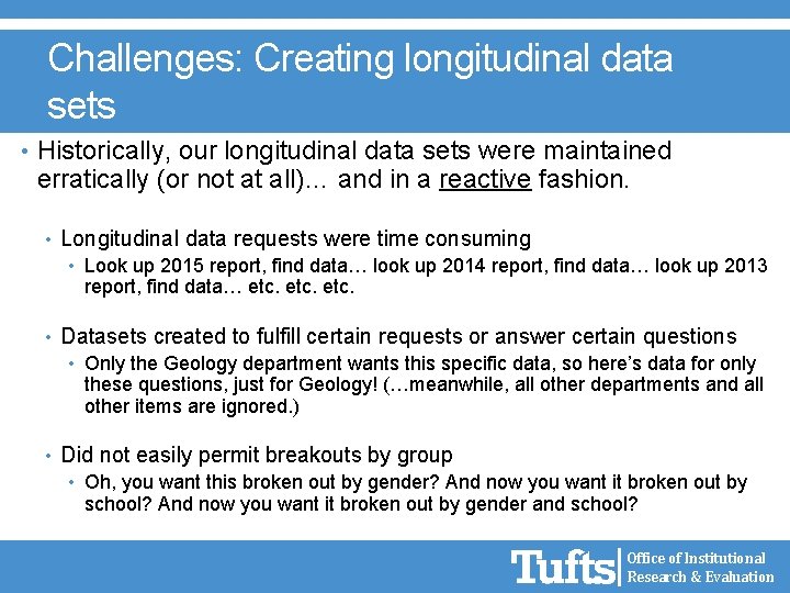 Challenges: Creating longitudinal data sets • Historically, our longitudinal data sets were maintained erratically