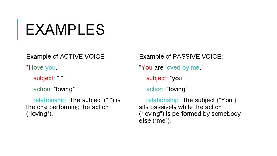 EXAMPLES Example of ACTIVE VOICE: Example of PASSIVE VOICE: “I love you. ” “You