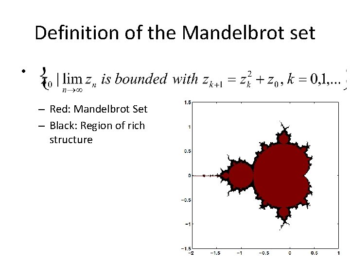 Definition of the Mandelbrot set • – Red: Mandelbrot Set – Black: Region of