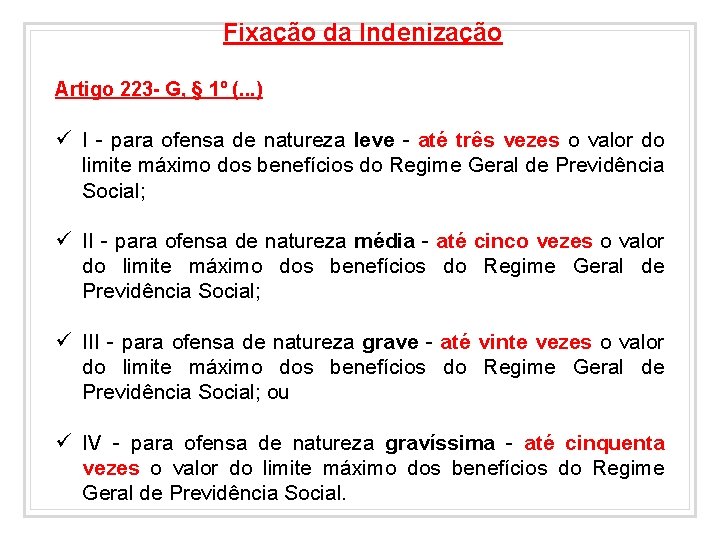 Fixação da Indenização Artigo 223 - G, § 1º (. . . ) ü