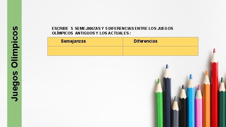 Juegos Olímpicos ESCRIBE 5 SEMEJANZAS Y 5 DIFERENCIAS ENTRE LOS JUEGOS OLÍMPICOS ANTIGUOS Y