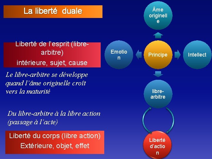 La liberté duale Liberté de l’esprit (librearbitre) intérieure, sujet, cause Le libre-arbitre se développe