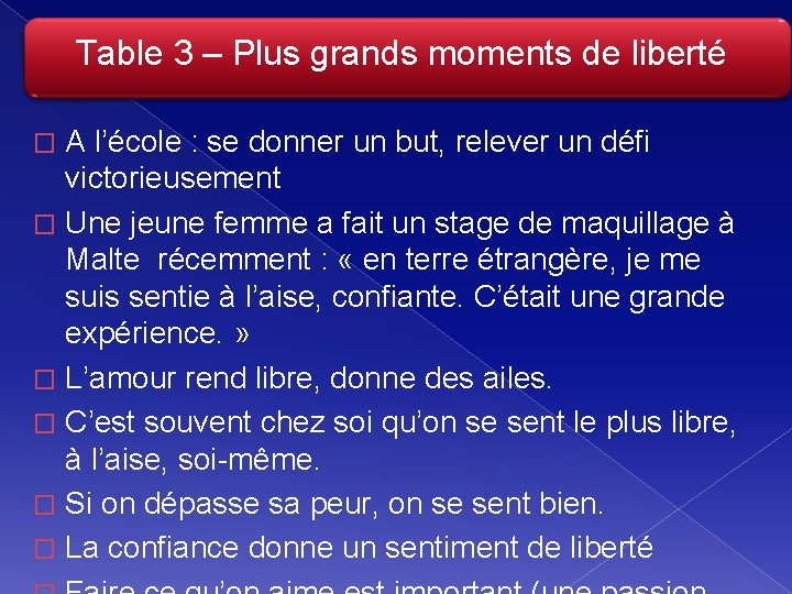 Table 3 – Plus grands moments de liberté A l’école : se donner un