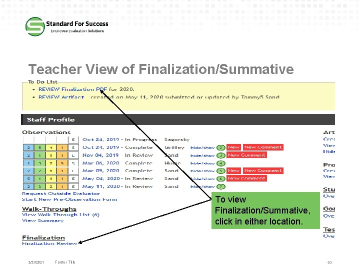 Teacher View of Finalization/Summative To view Finalization/Summative, click in either location. 2/21/2021 Footer Title