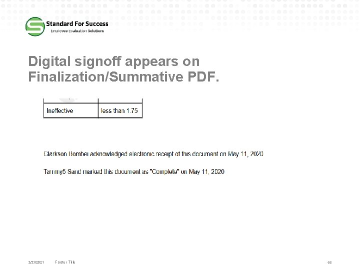 Digital signoff appears on Finalization/Summative PDF. 2/21/2021 Footer Title 15 