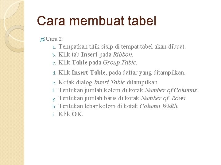 Cara membuat tabel Cara 2: Tempatkan titik sisip di tempat tabel akan dibuat. b. Cara membuat tabel Cara 2: Tempatkan titik sisip di tempat tabel akan dibuat. b.