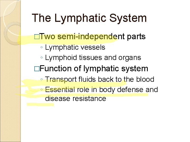 The Lymphatic System �Two semi-independent parts ◦ Lymphatic vessels ◦ Lymphoid tissues and organs