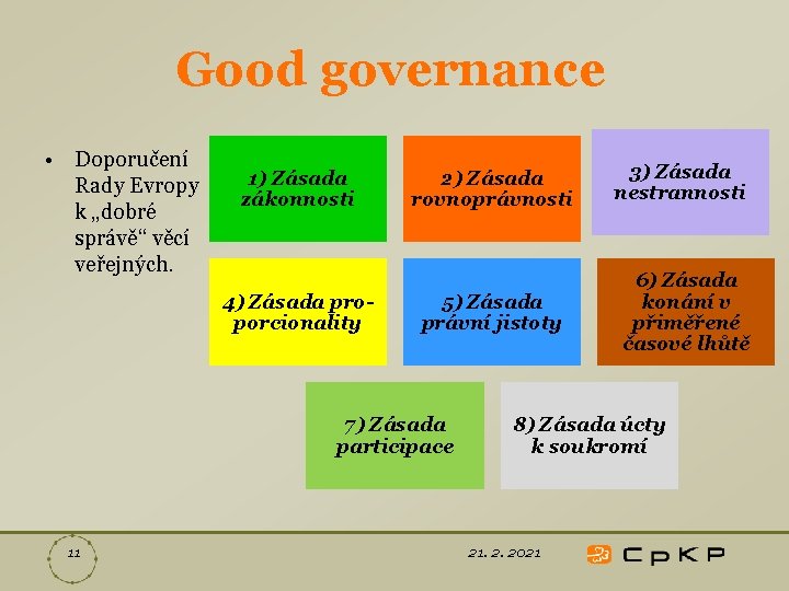 Good governance • Doporučení Rady Evropy k „dobré správě“ věcí veřejných. 1) Zásada zákonnosti