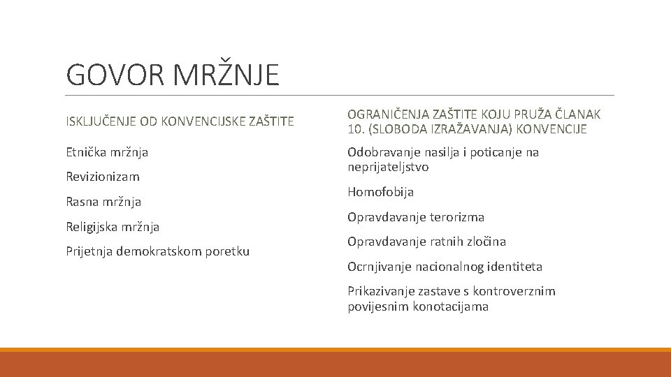 GOVOR MRŽNJE ISKLJUČENJE OD KONVENCIJSKE ZAŠTITE Etnička mržnja Revizionizam Rasna mržnja Religijska mržnja Prijetnja