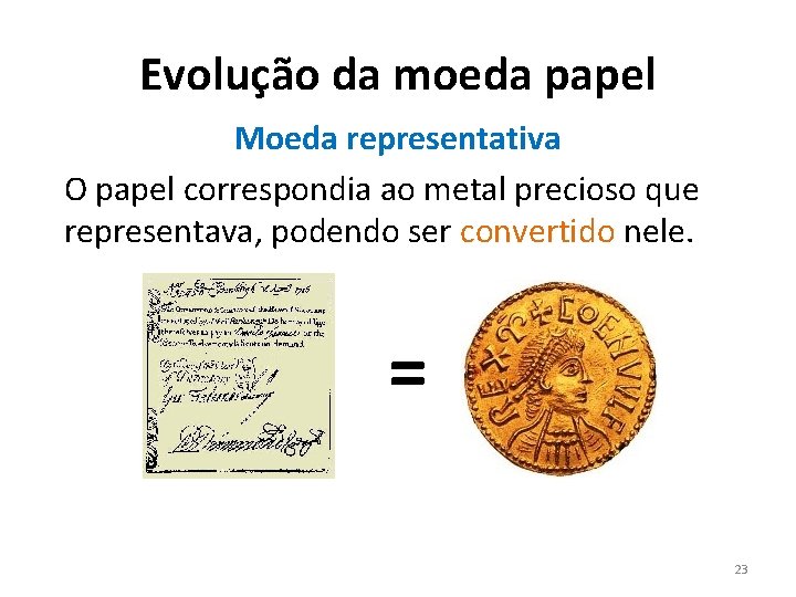 Evolução da moeda papel Moeda representativa O papel correspondia ao metal precioso que representava,