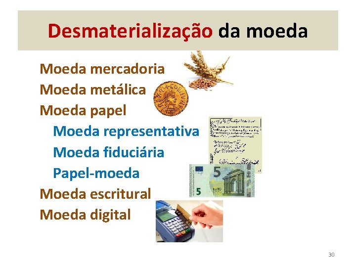 Desmaterialização da moeda Moeda mercadoria Moeda metálica Moeda papel Moeda representativa Moeda fiduciária Papel-moeda