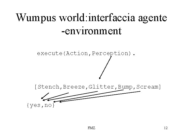 Wumpus world: interfaccia agente -environment execute(Action, Perception). [Stench, Breeze, Glitter, Bump, Scream] {yes, no}