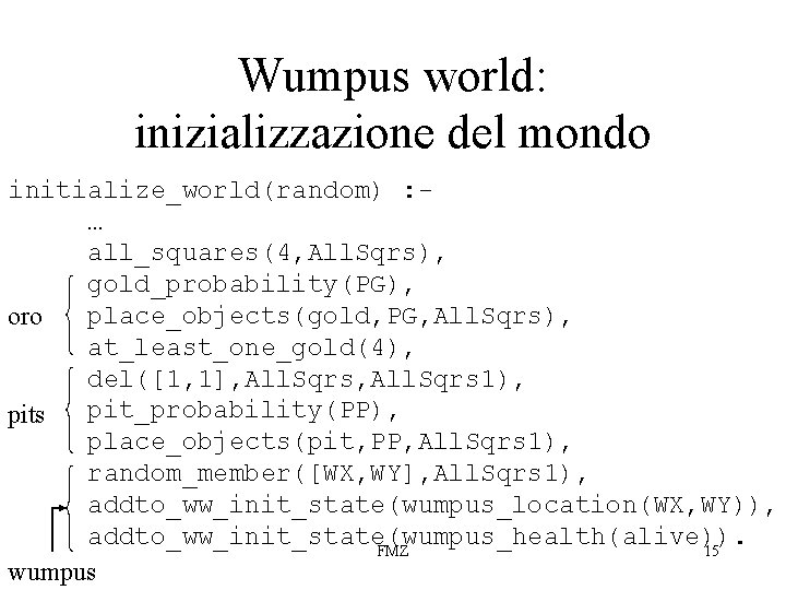 Wumpus world: inizializzazione del mondo initialize_world(random) : … all_squares(4, All. Sqrs), gold_probability(PG), place_objects(gold, PG,