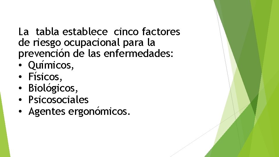 La tabla establece cinco factores de riesgo ocupacional para la prevención de las enfermedades: